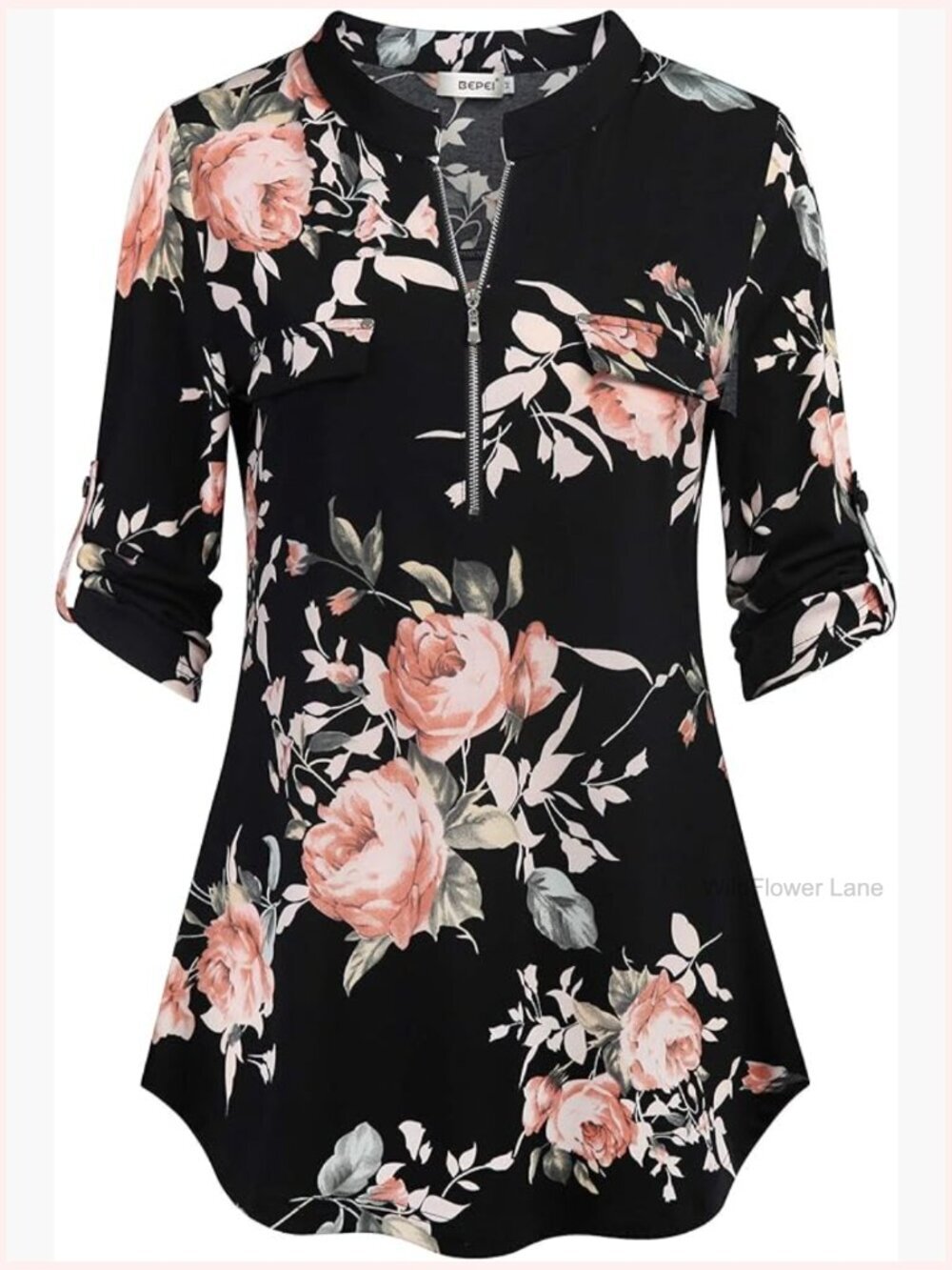 Womens Floral 3/4 Sleeve Zip up V Neck Work Chiffon Blouse